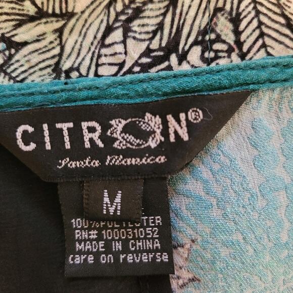 Citron Aqua Floral Pullover Silk Top with Sheer Black Asymmetric Panel, Sz Med - Picture 6 of 8